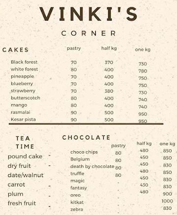 Vinikie's Cake Corner menu 