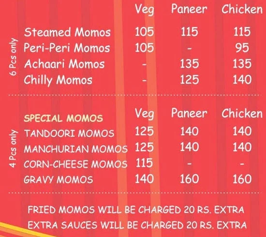 The Momo Junction menu 