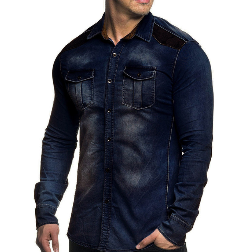 Colorblock PlusSsize Denim Men's Long-sleeved Shirt