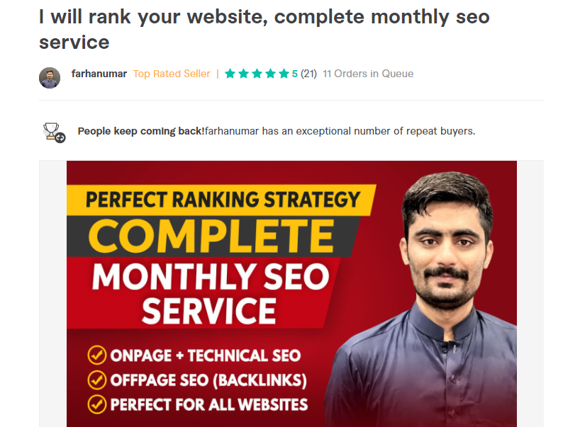 Complete SEO monthly packages by Farhan Umar, picture showing his services