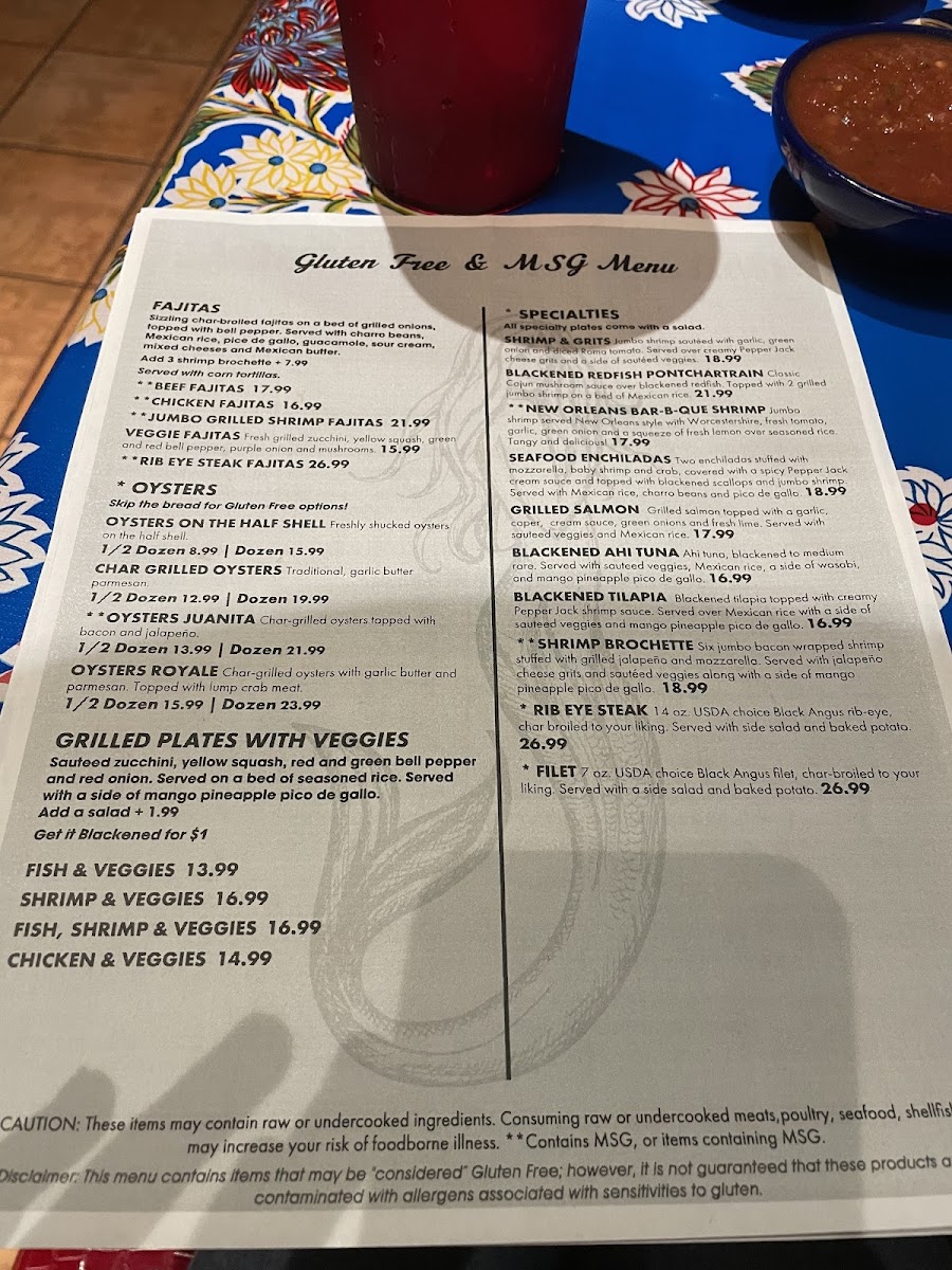 Tia Juanita’s Fish Camp gluten-free menu