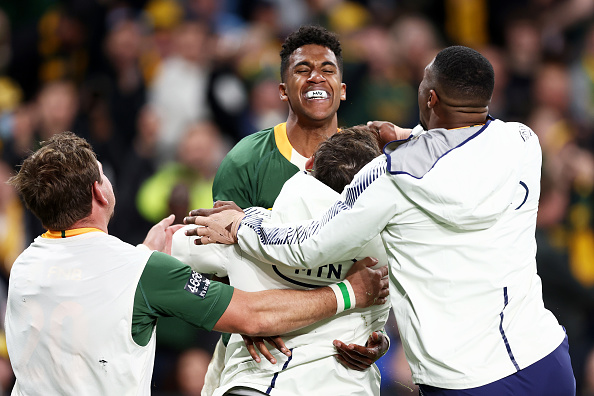 Springboks young winger Canan Moodie celebrate his debut try with team mates during the Rugby Championship match against Australia at Allianz Stadium on September 03, 2022 in Sydney, Australia.