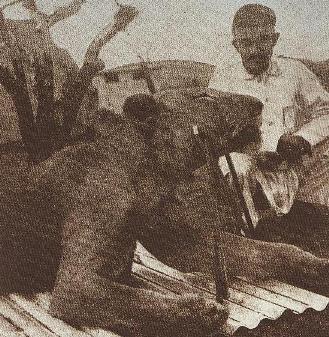 A man sitting with lion vintage illustration.