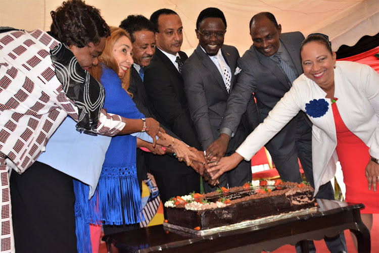 Ethiopia's Ambassador Meles Alem, Foreign Affairs CAS Ababu Namwamba, Labour CS Ukur Yattani and other officials during the commemoration of 55 years of Kenya-Ethiopia strategic relations and the Embassy on Wednesday