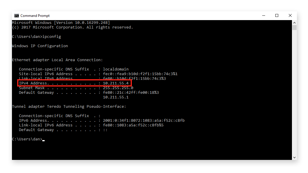 Entering “ipconfig” in a Windows Command Prompt screen displays several network parameters, including your local IP address.