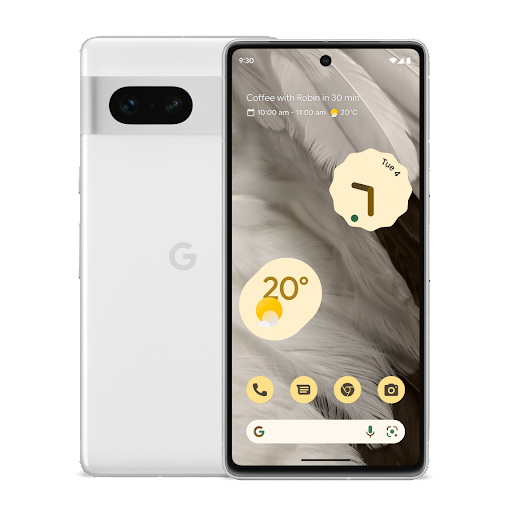 Pixel 7 front and back view in snow colour