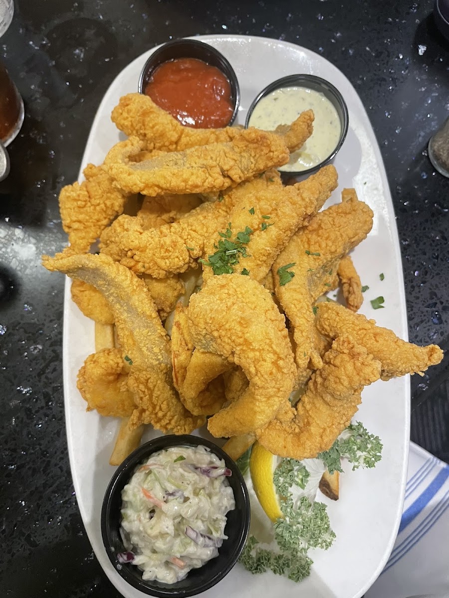 Lunch menu- fried shrimp and catfish with fries and coleslaw.