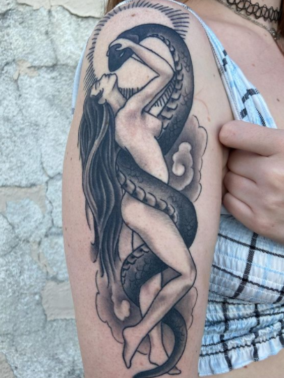 Black & Gray Angel Snake Tattoo