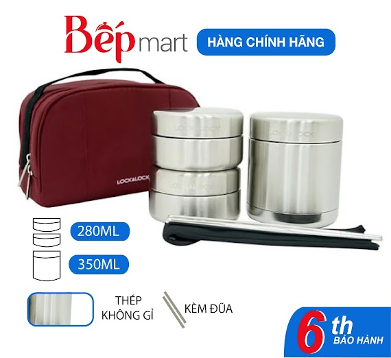 Bộ Hộp Cơm Giữ Nhiệt Locknlock Lhc8015 Dung Tích 910Ml, Có Túi Đựng Kèm Đũa Muỗng - Bepmart - Hàng Chính Hãng Lock&Lock