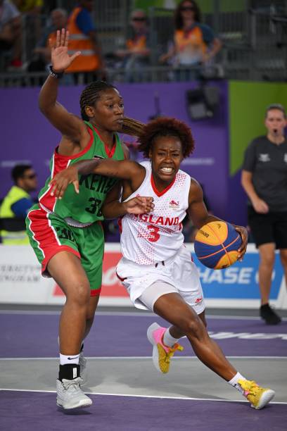 Kenya's Victoria Reynolds in action with Beckford Shanice Brandi during the Commonwealth Games 3x3 tournament