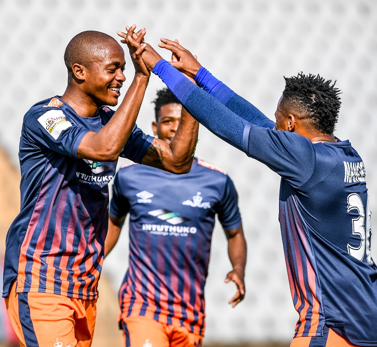 Real Kings players celebrate after scoring the opening goal during the GladAfrica Championship match between Jomo Cosmos and Real Kings at Dobsonville Stadium on September 15, 2019.