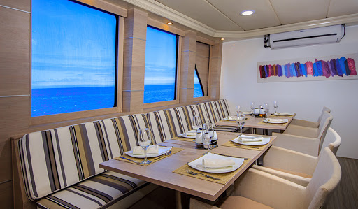 treasure-galapagos-interior-dining.jpg -   Menus feature tasty international cuisine and Ecuadorian dishes aboard Treasure of Galapagos, the expedition ship from Avalon Waterways.