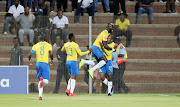 Thapelo Morena of Mamelodi Sundowns celebrates his goal with teammates during the Absa Premiership match against Highlands Park at the Makhulong Stadium in Tembisa on January 22 2019. 
