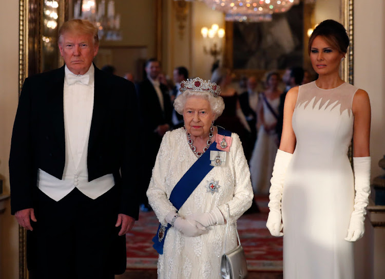 Queen Elizabeth II poses with US president Donald Trump and First Lady Melania Trump ahead of a state banquet at Buckingham Palace on June 3 2019 in London, England.