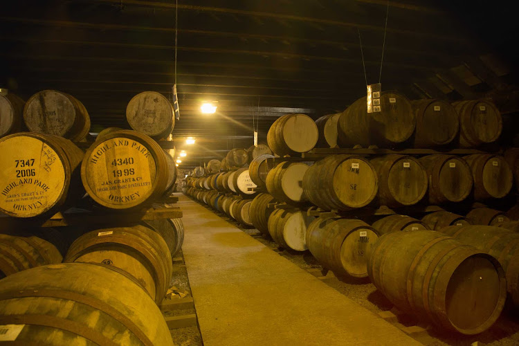 Barrels stored at the Highland Park Distillery, Kirkwall, on Mainland in the Orkney Islands, Scotland.