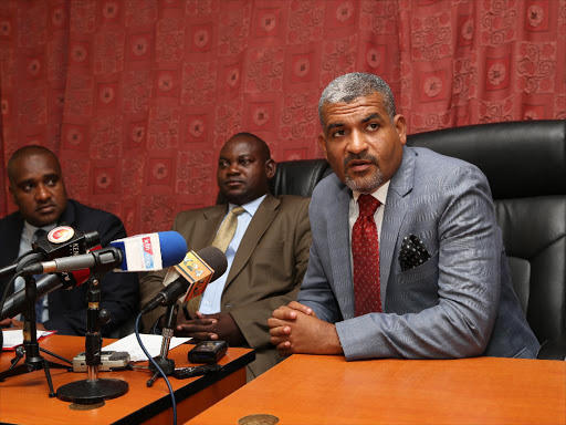 Msambweni MP Suleiman Dor, newly elected chairman of the Coast Parliamenatry Group Kaloleni MP Gunga Mwinga and Mvita MP Abdulswamad Shariff. Photo/ HEZRON NJOROGE