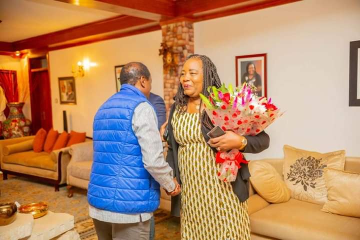 Wiper leader Kalonzo Musyoka with Mama Ida Odinga during a reconciliation meeting at the Odinga's Karen home on April 7, 2024.