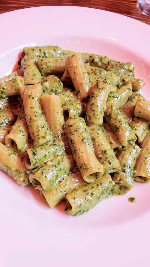 Pasta shape of the day, with choice of tomato sauce, spicy tomato sauce, meat sauce, bail pesto sauce (with cashews) and creamy parmesan sauce at Maccheroni Republic in downtown LA offering homemade fresh organic pasta