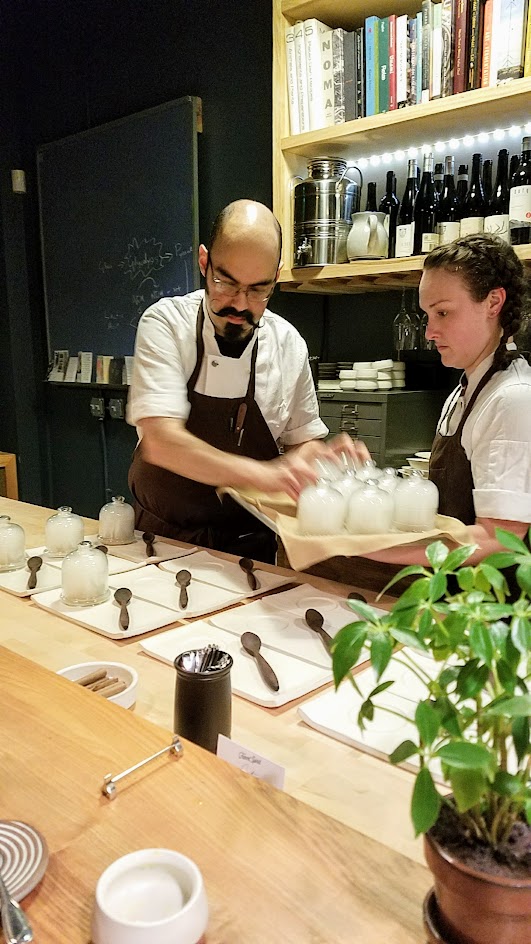 Farm Spirit is very conscientious and thoughtful in creating an experience via the food and the environment to support and celebrate local vendors. This is down to the counter that you are eating upon, the shelves you see before you, and the ceramic dishes you eat from.