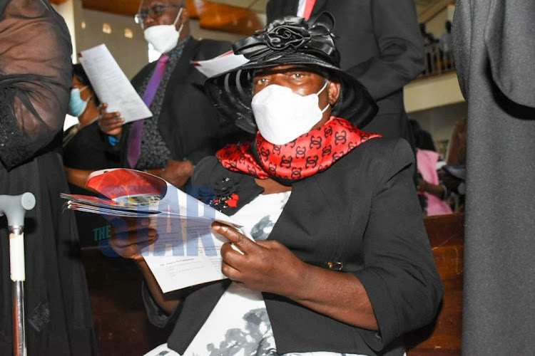 Mother of the late lawyer Evans Monari Teresa Bosbori during the service held at SDA Church, Nairobi on October 14, 2021. PHOTO/MERCY MUMO