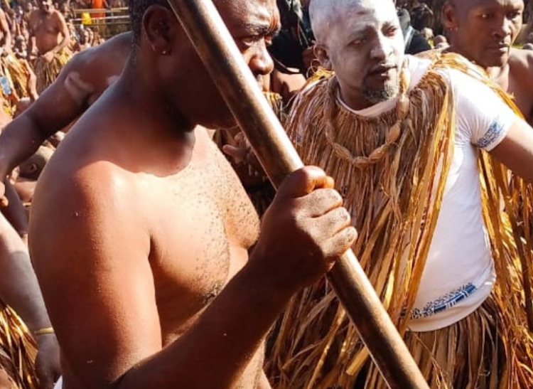 The new king, seen with a stick, was introduced to his subjects