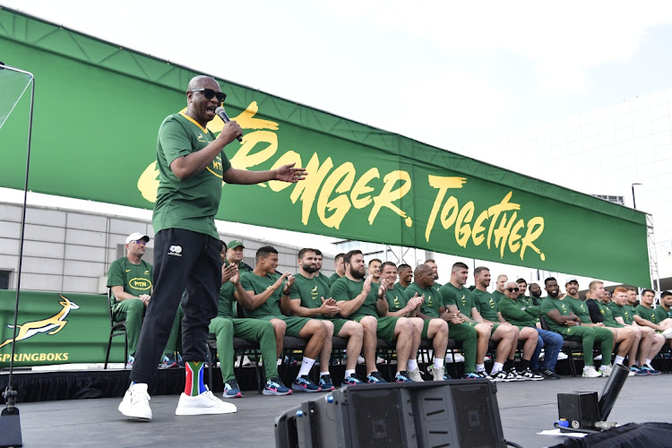 Sports minister Zizi Kodwa addresses the supporters and players during the official Springboks send-off function at OR Tambo International Airport on August 12, 2023.