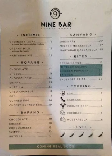 Nine Bar Coffee House menu 