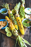 Sweetcorn toppings from left: Chipotle and lime, Asian-inspired and Parmesan and pesto.