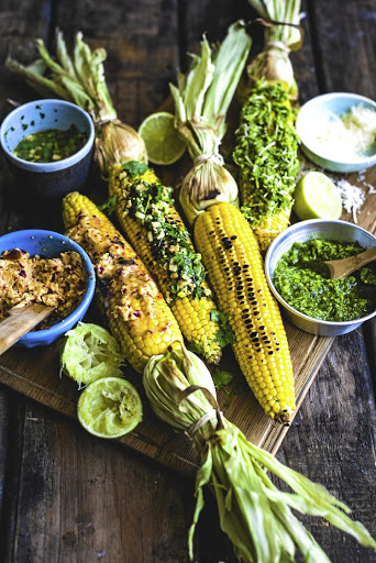 Sweetcorn toppings from left: Chipotle and lime, Asian-inspired and Parmesan and pesto.