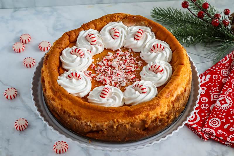 White Chocolate Peppermint Cheesecake Ready To Be Sliced.