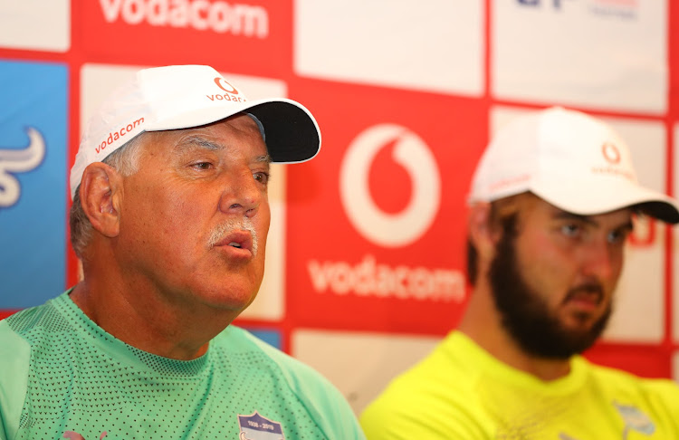 The Vodacom Bulls head coach Pote Human (L) and captain Lood de Jager (R) during the Bulls' Super Rugby press conference at Loftus on February 7 2019.