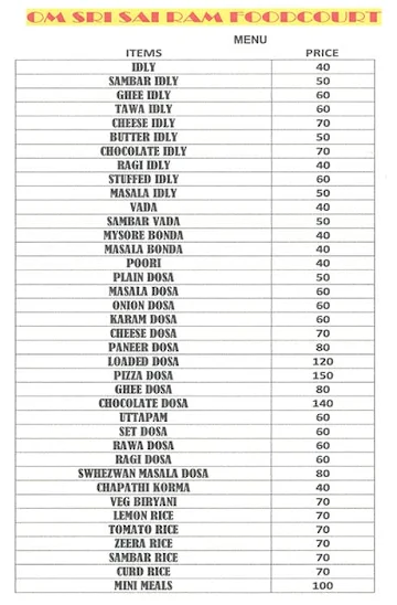 Om Sri Sai Ram Food Court menu 