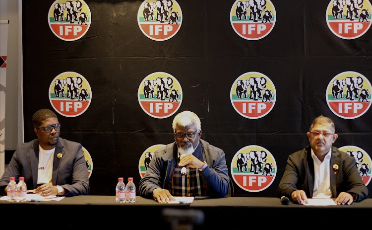 From Left: IFP national spokesperson Mkhuleko Hlengwa, IFP MP Inkosi Russel Cebekhulu and IFP chief whip Narend Singh.