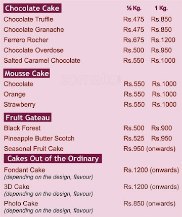 Cakes & Chocolates menu 