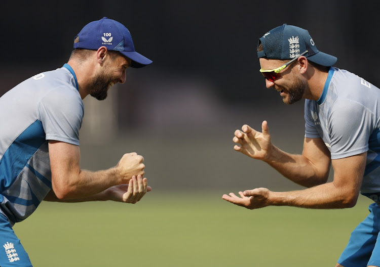 England's Chris Woakes with Dawid Malan during a practice session at Bharat Ratna Shri Atal Bihari Vajpayee Ekana Cricket Stadium in Lucknow, India on Saturday.