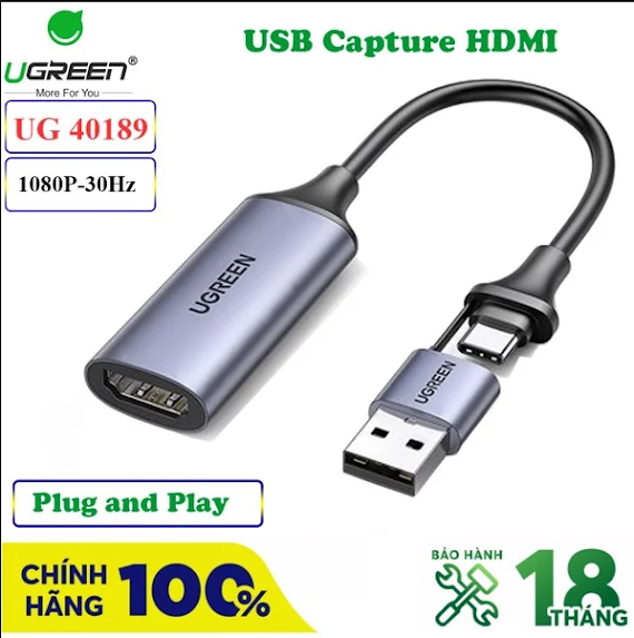 Card Ghi Hình Hdmi Sang Usb 2.0, Type C Live Streaming 1080P Ugreen 40189 - Hàng Chính Hãng