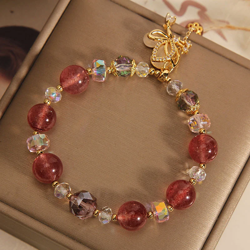 Pulseira de Quartzo Morango Natural Feminina Joia Elegante Amor Próprio Proteção Presente Perfeito Pulseira Pedra Natural