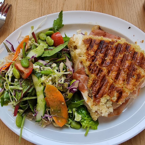 Panini with mozzarella, pesto serrano and a lovely salad.