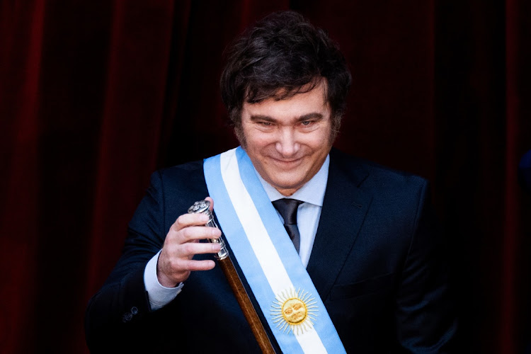 Argentina President Javier Milei gestures during his inauguration at the National Congress in Buenos Aires, Argentina, December 10 2023. Picture: TOMAS CUESTA/GETTY IMAGES