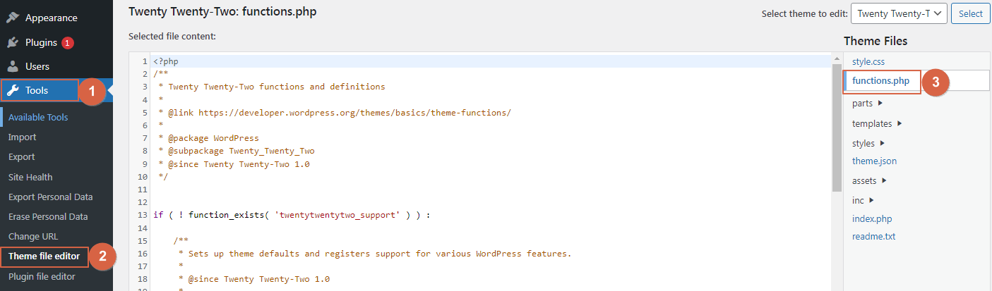 Locate the functions.php file in your WordPress dashboard by clicking on Tools then Theme File Editor