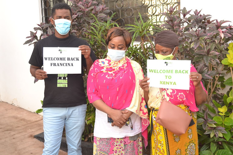 Haki Africa's Mathias Shipeta, Francina Magati Henry and her mother Terezi Mweni at the Haki Africa offices on Thursday, July 22.