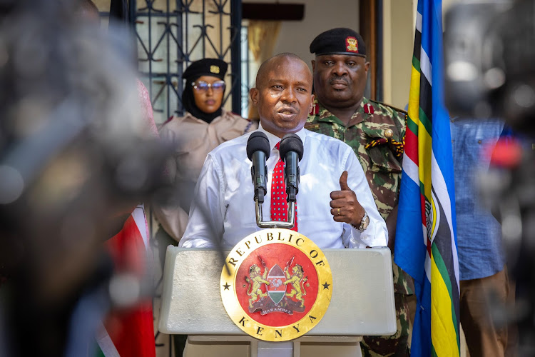 Interior CS Kithure Kindiki speaking in Mombasa.