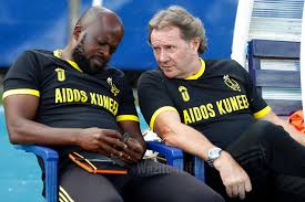 Wazito coach Stuart Hall charts with technical bench colleague Frank Ouna