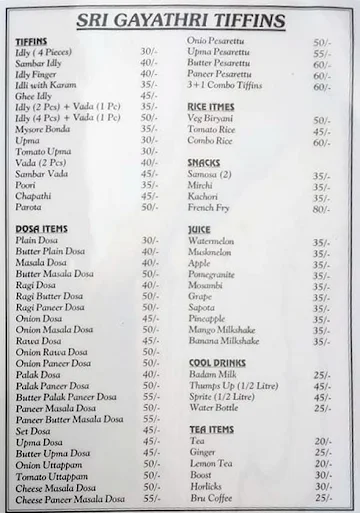 Gayathri Udipi Tiffins menu 