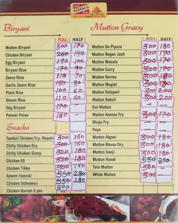 Hotel Azeem Babu menu 