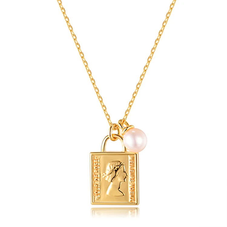 Collier rétro français en argent sterling S925 plaqué or avec perle et portrait de tête de pièce. Élégance et raffinement à l'état pur.
