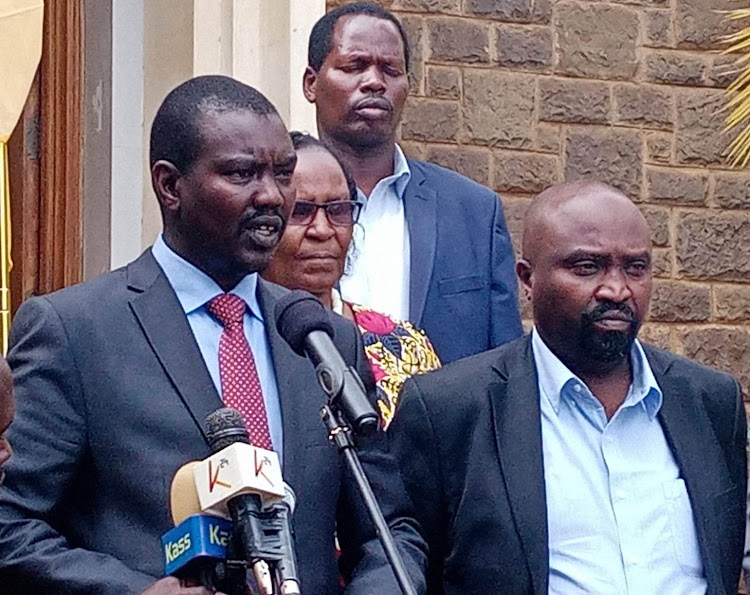 Uasin Gishu Governor Jackson Mandago and his deputy Daniel Chemno when they issued a statement on Kibaki's death