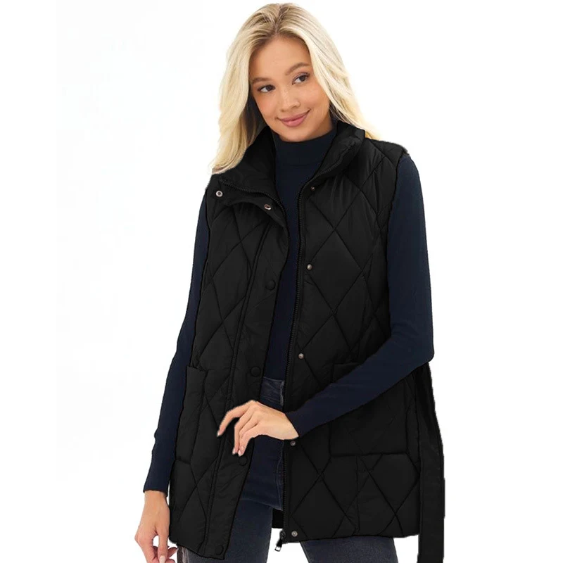 Gilet donna in cotone e piumino, lunghezza media, collo a imbuto, caldo e confortevole, perfetto per l'inverno e le giornate fredde.