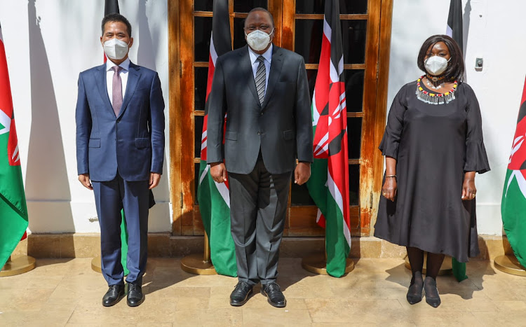 China Ambassador to Kenya Zhou Pingjian after presenting his credentials to President Uhuru Kenyatta at State House on September 2, 2020. Foreign Affairs CS Raychelle Omamo was also present