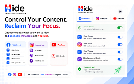 Hide Shorts, Reels, Stories & Sponsored – YouTube, Facebook & Instagram screenshot 1